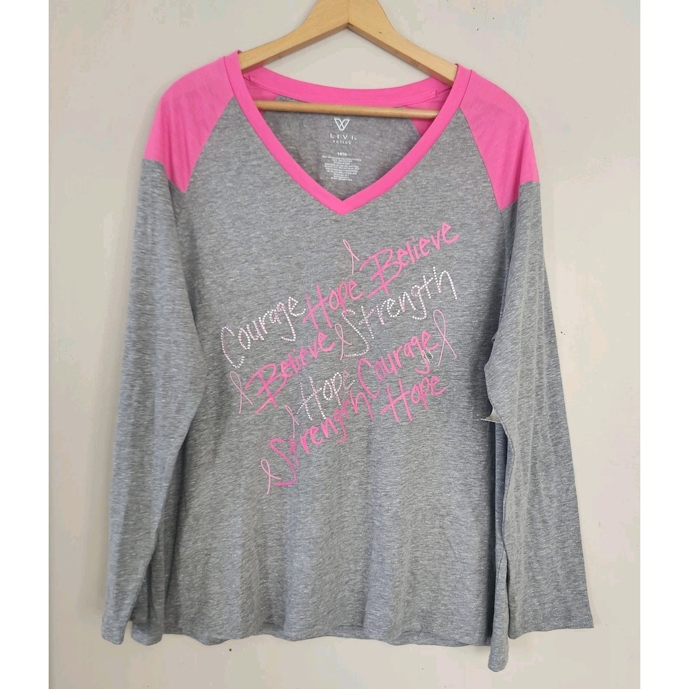 NWT LIVI Active Womens 14/16 Breast Cancer Awareness Embellished V Neck T Shirt